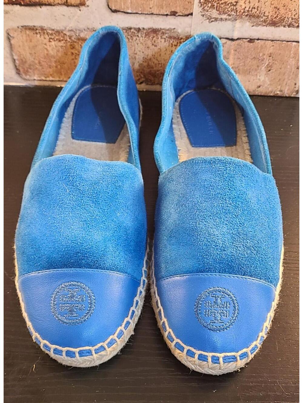 Tory Burch Espadrille Sandals Womens Sz 9 Blue Gentian Suede Leather Cap Toe GUC